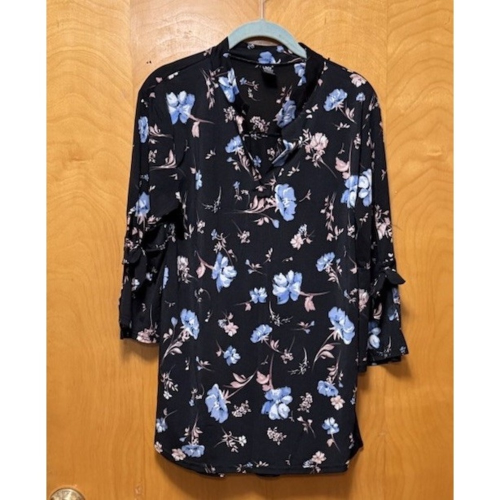Lildy Womens Floral Split Tie Sleeve V-Neck Tunic Boho Black Size S/M